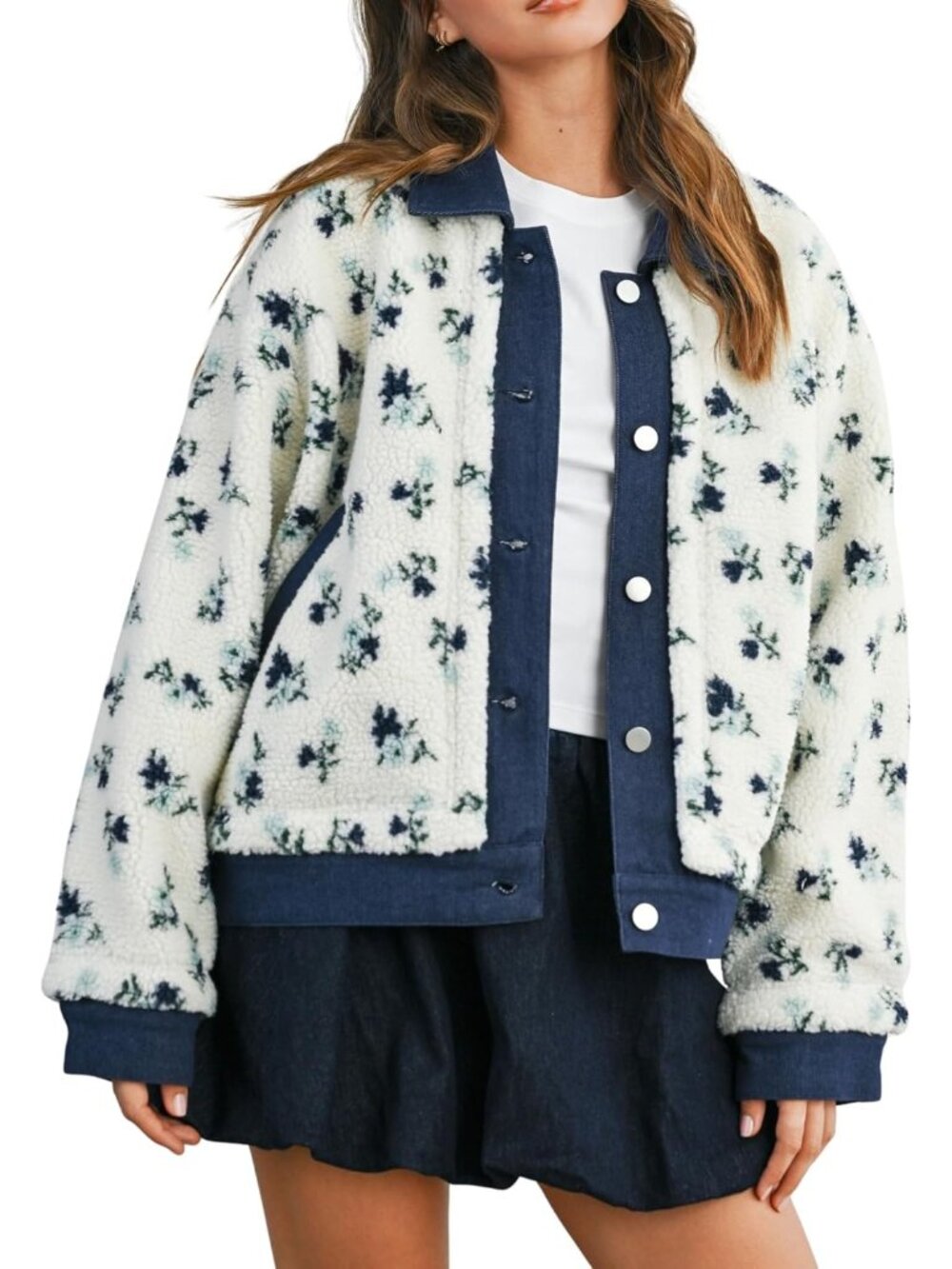 Women's Navy Floral Sherpa Front Denim Collar With Pockets Oversized Jackets